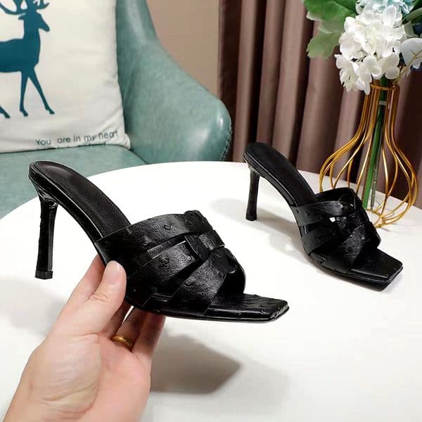 Leather high-heeled Women's Slippers Summer designer fashion thin strap Combination Sandals sexy Thin Heel Dinner shoelace box Large Size 35-43