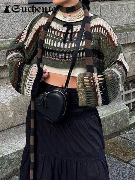 Women's TShirt SUCHCUTE y2k Stripe Hollow Out Fishnet Sweaters Smock Crop Tops Women Fairycore Oversize Sweater Grunge Goth Cloth 230520