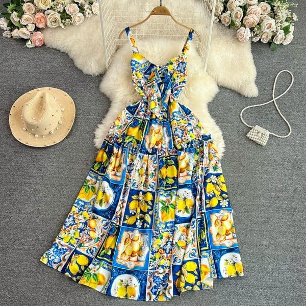 French seaside vacation beach dress strap skirt summer gentle style waistband slim sleeveless A-line printed dress