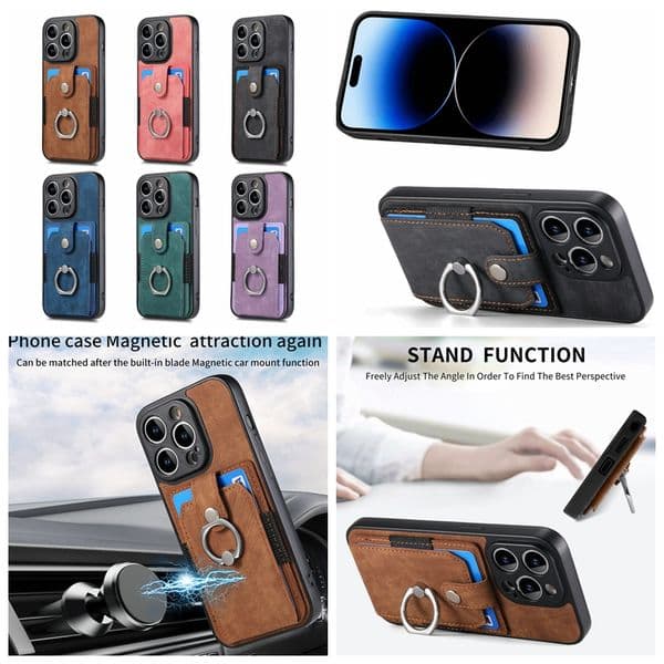 Cases For Iphone 16 15 14 Pro Max Plus 13 12 11 X XR XS 8 7 Samsung S25 A06 A16 Card Slot Holder PU Leather Magnetic Finger Ring Car Bracket Hard Plastic TPU