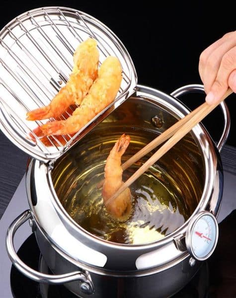LMETJMA Japanese Deep Frying Pot with a and a Lid 304 Stainless Steel Kitchen Tempura Fryer Pan 20 24 cm KC0405204o