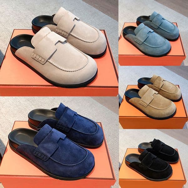 Italian designer Summer suede calfskin Mule Women Men Flat Slippers Fashion beige Indoor Slide Beach Sandals Casual mule with iconic cut out shoes top2025gft