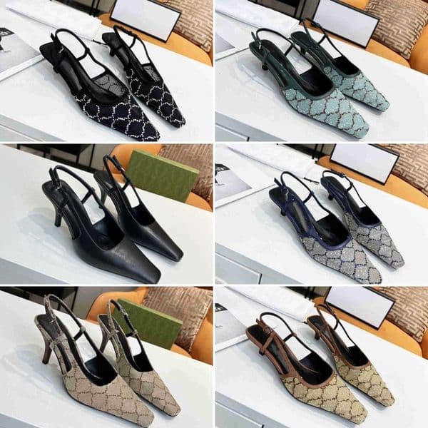 Designer Sandals Slingback Sandals Black Mesh with Crystals Sparkling Print Shoes Mid Heel Sandal Slippers