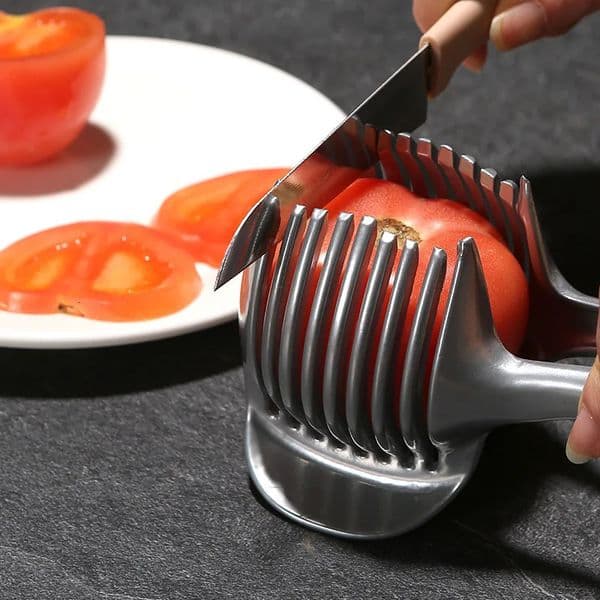 Fruit Vegetable Tools Kitchen Gadgets Handy Stainless Steel Onion Holder Potato Tomato Slicer Cutter Safety Cooking Accessories 231206