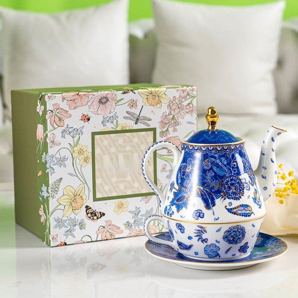 Elegant Bone China Set: Imperial Style Porcelain Tea Service Blue Garden Design, Single Pot Combination Set With Gift Box B5