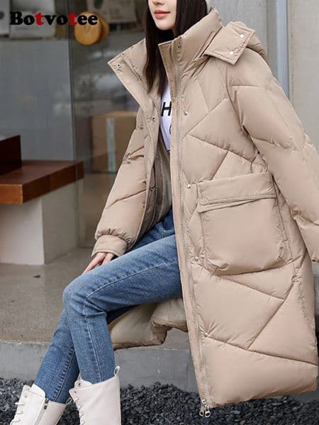 Women's Down Parkas Botvotee Long Plaid Parkas for Women Autumn Winter Fashion Zipper Down Jacket Vintage Loose Casual Thicken Warm Hood Coats 231213