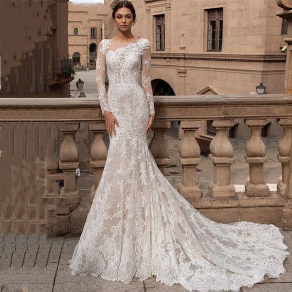 Mermaid Wedding Lace Boho Dresses Long Sleeves Sexy Backless Bridal Gowns Ivory Appliques Nude Lining Charming Bride Dress 2024 Vestido De Novia
