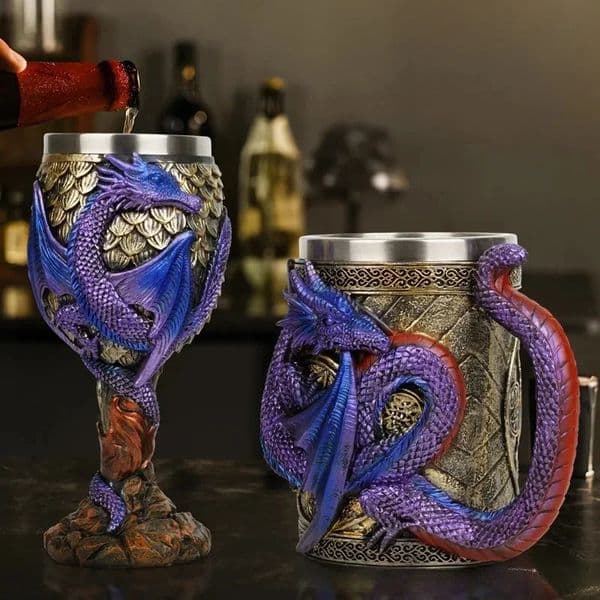 Mugs Creative 3D Dragon Beer Cup Resin 304 Stainless Steel Gothic Wine Goblet Viking Skull Cocktail Glass Bar Decoration Men's Gift 231213