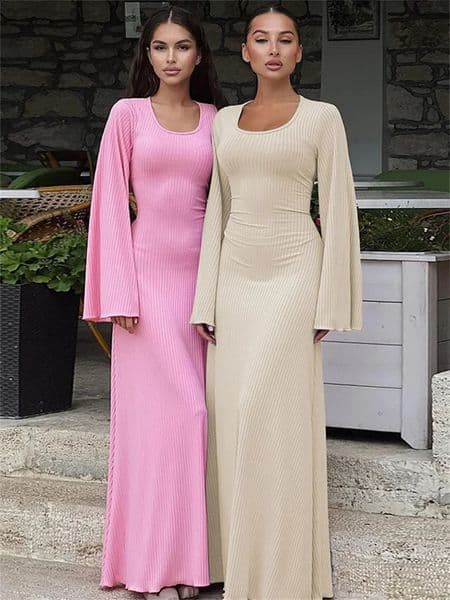 Urban Sexy Dresses Tossy Scoop Neck Lace-Up Ribbed Maxi Dress Female Long Sleeve Fashion Slim Loose Bandage Dress Autumn Solid Women Dress 231214