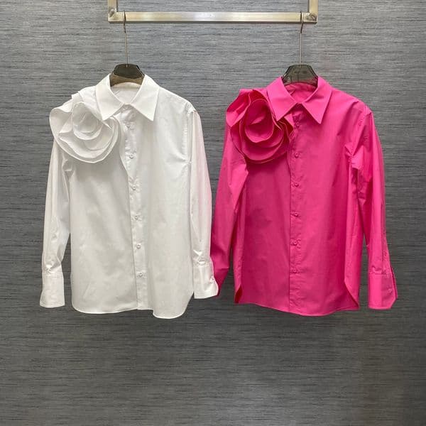 2024 Spring Handmade Roses Women's Blouses Designer White/Pink Cotton Long Sleeves Shirts Womens 12152