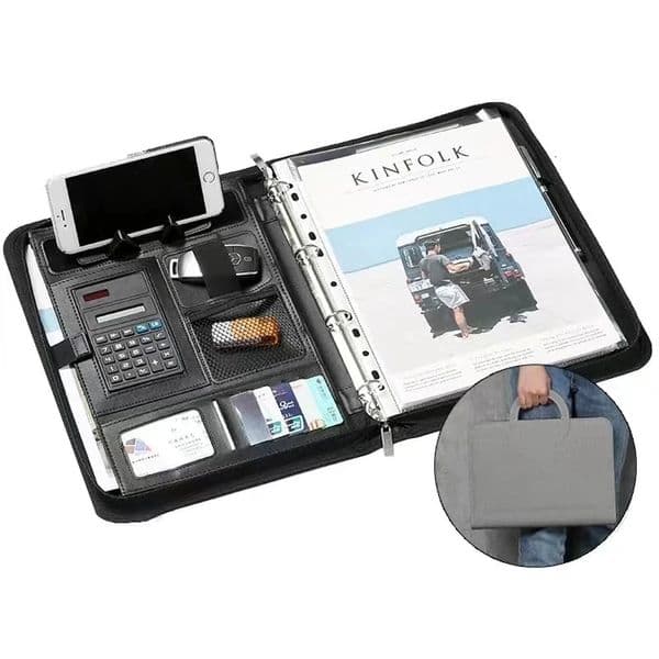 A4 Portable File Folder with Calculator Binder Organizer Manager Office Document Pad Briefcase PU Leather Padfolio Bag Customize 231220
