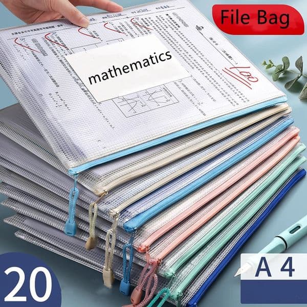 A4 File Bags Transparent Grid Zipper Student Stationery Large Capacity Carry Storage Bag Office Learning Business Supplies 231220