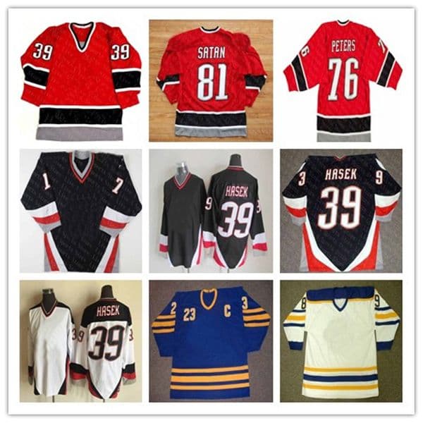 Vintage Hockey Jersey 39 DOMINIK HASEK 48 Daniel Briere 29 JASON POMINVILLE 9 DEREK ROY Jason Woolley Brian Campbell Curtis Brown Miroslav Satan Pat Lafontaine SABRE