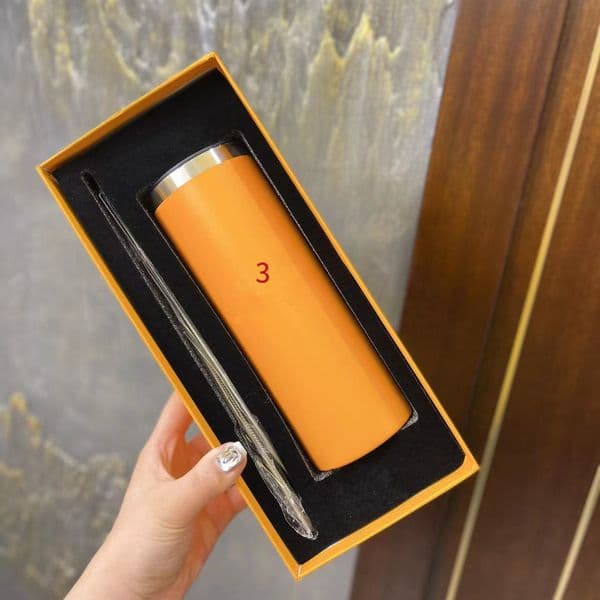 Luxury Water Bottles Straight Thermos Cup with Straw Heat Transfer Coating Vacuum Stainless Steel Straight Cup with Box