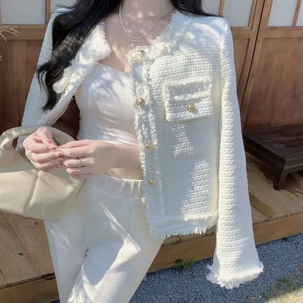 Lucyever Korean Fashion Plaid Tweed Jacket Women White Round Neck Cropped Tassel Coat Autumn Single Breasted Office Lady Outwear 231225