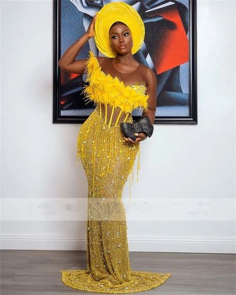 Yellow Feathers Tassels Beaded Aso Ebi Mermaid Prom Party Dresses For Women Corset Formal Ocn Dress African Mal Mal