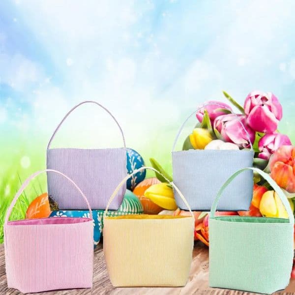 Striped Easter Basket Festive Seersucker Plaid Candy Gift Bucket Kid Toy Storage Bag Portable Food Baskets s
