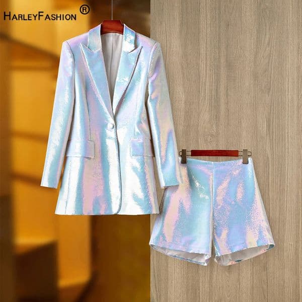 High Street Ladies Stunning Bling Sequined 2 Piece Shorts Set Singe Button Mid Length blazer coat Slim Short Pants 231228