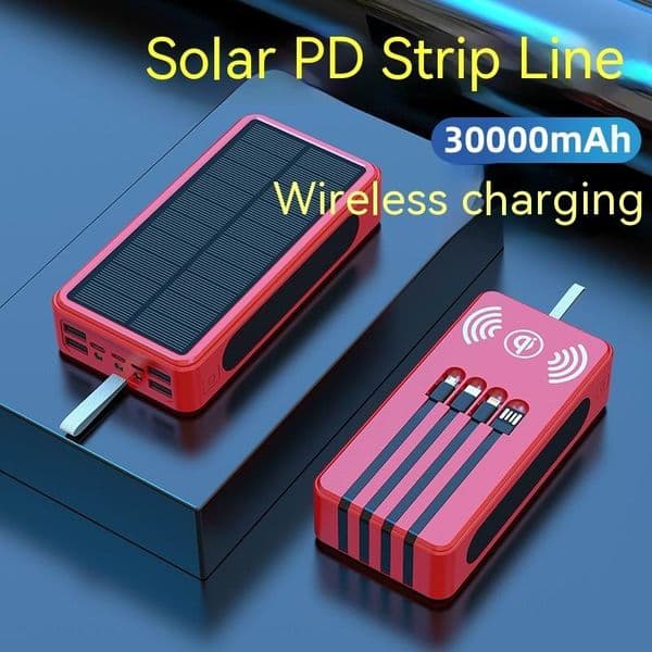 30000mAh Solar Power Bank built in 4 cables Fast Charger With LED Light USB Ports External Battery For iPhone 12Pro Xiaomi Huawei