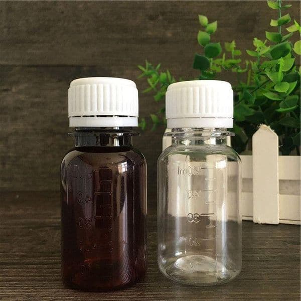 wholesale 50ml PET Scale for liquid Syrup clear and amber bottle with white screw cap F20172816 Frpan