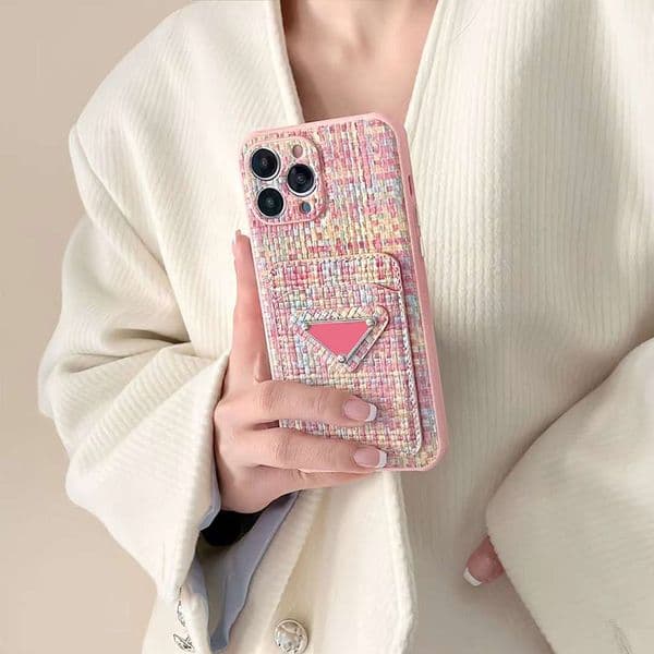 Weave Designer Phone Case Card Holder for Apple iPhone 17 16 15 Plus 13 12 11 Pro Max XR XS Luxury Chromed Individual Button Fine Cutout Back Covers Fundas Pink
