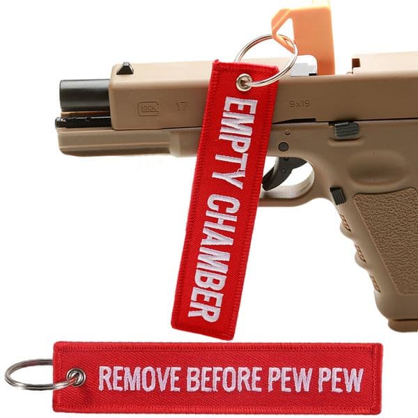 Other Retail Supplies 6pcs Empty Chamber Keychain REMOVE BEFORE PEW Double Side Embroidered Key Fobs Hook Loop Chain for Aviation Tag Gun Safe 230706q