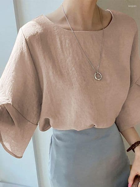 Women's Casual Solid Color Flare Sleeve Blouse Tops For Summer - Polyester, Round Neck, Casual, Loose Fit, Bohemian Style