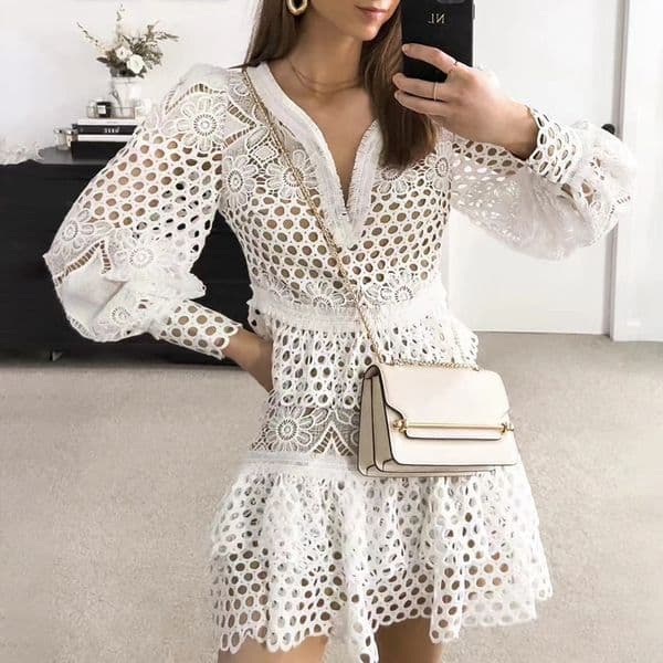 Urban Sexy Dresses Sexy Embroidery Lace Hollow Out Jacquard Dress Spring Lantern Long Sleeve Pleated Party Dress Women V Neck A-Line Summer Dresses 230707
