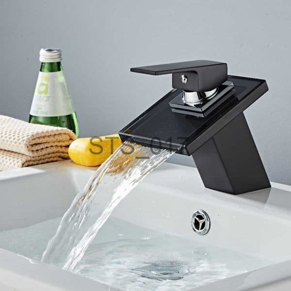 Kitchen Faucets Black Bathroom Glass waterfall Faucet Bathroom Basin Faucet Black Painting Hot And Cold Mixer Tap sink water tap black faucet x0712