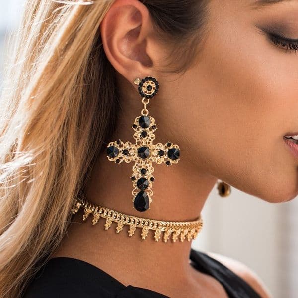 Stud Arrival Vintage Black Pink Crystal Cross Drop Earrings for Women Baroque Bohemian Large Long Jewelry Brincos 230714