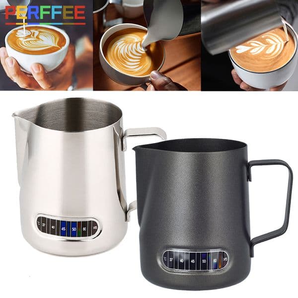 Milk Jugs 350 600ML Stainless Steel Frother Pitcher with Thermometer Indicator Barista Coffe Latte Art Cup Jug 230715