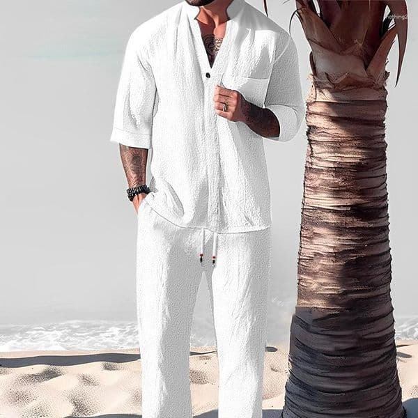 Men's Tracksuits Casual Cotton Linen Two Piece Men Set Fashion Loose V Neck Half Sleeve Tops And Trouser Suits Mens Beach Style Clothing