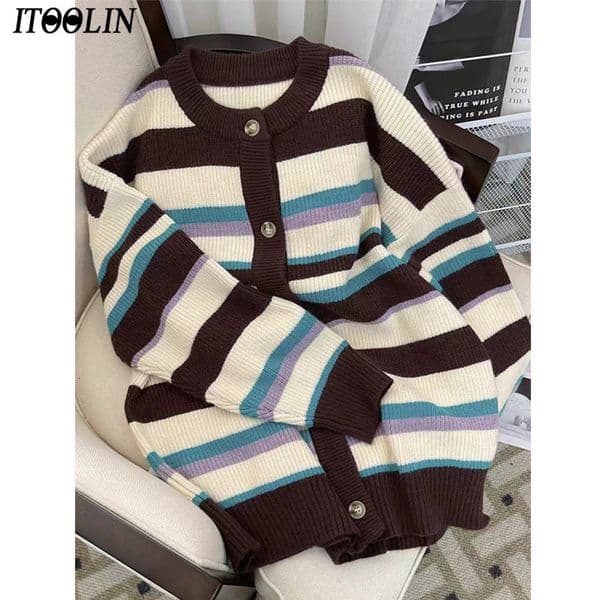 Women's Knits Tees ITOOLIN Autumn Women Casual Sweaters Cardigan O-Neck Long Sleeved Cardigan Sweaters Coat Loose For Women Knitted Cardigan Tops 230720