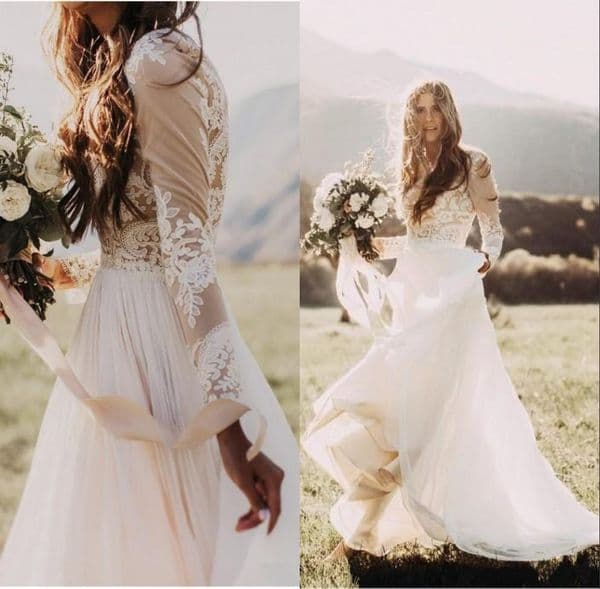 2023 Bohemian Country Wedding Dresses With Sheer Long Sleeves Bateau Neck A Line Lace Applique Chiffon Boho Bridal Gowns Cheap