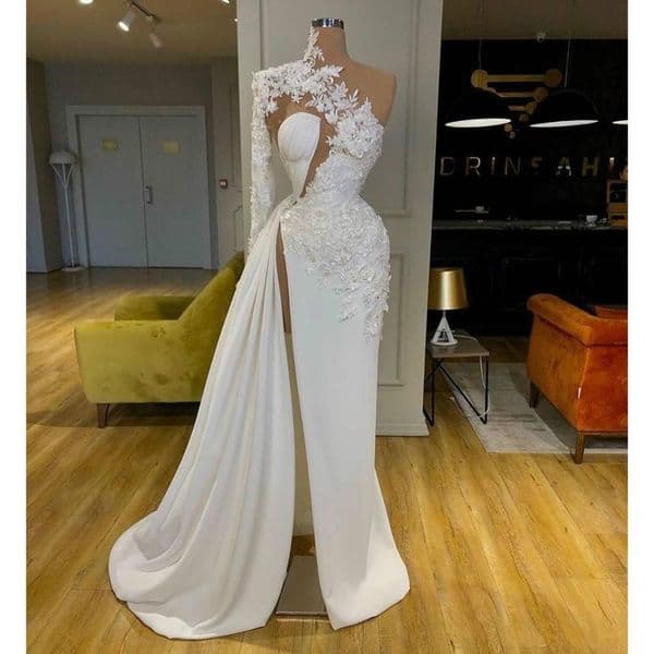 Sexy Arabic 2023 New A E Wedding Dresses High Neck Illusion One Shoulder Lace Appliques Wers Beads Plus Size Side Split Formal Bridal Gowns ppliques