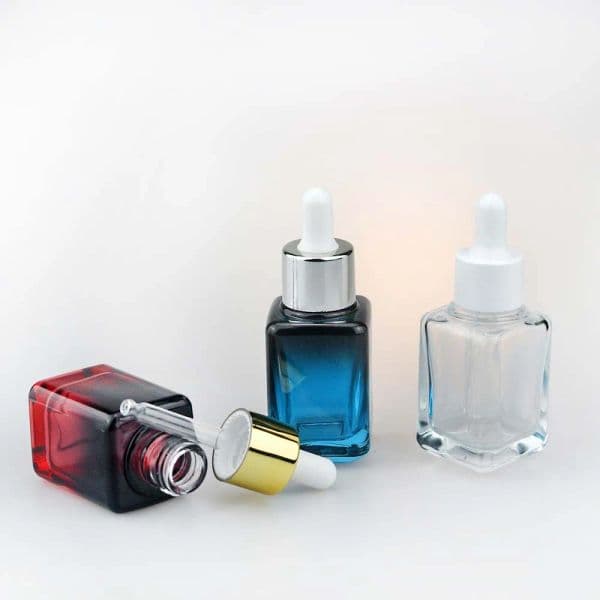 Square Glass Essential Oil Perfume Bottles Pipette Eye Dropper Bottle 30ml in Gradient Blue Red and Clear