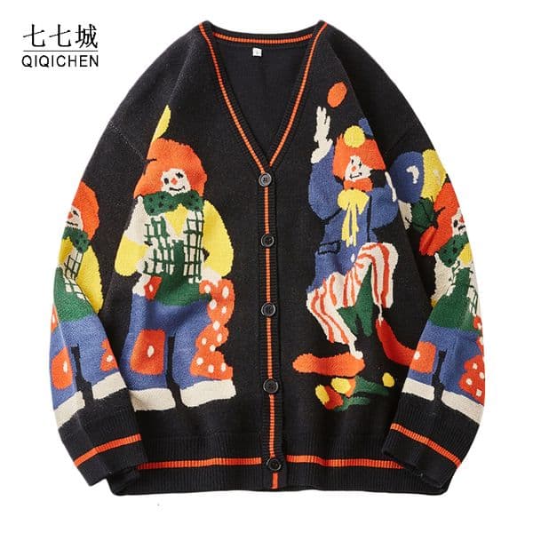 Men's Sweaters Christmas Knitted Sweater Men Cardigan Oversized Streetwear Knit Jumpers Funny Clown Print Cotton Harajuku Coats Unisex 230726