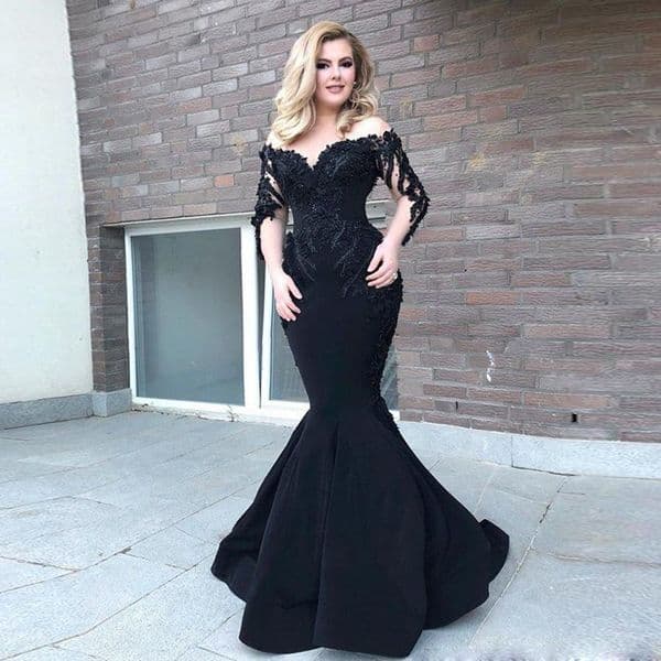 2023 Sexy Evening Dresses Wear Off Shoulder Black Lace Appliques Crystal Beads Mermaid Prom Gowns Special Occasion Floor Length Zipper Back Long Sleeves