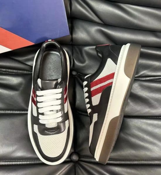 Luxurious Men Darsyl Striped Leather Sneakers Shoes Rubber Sole Cool Grained Calf Leather Black White Grey Navy Outline Trainers EU38-46