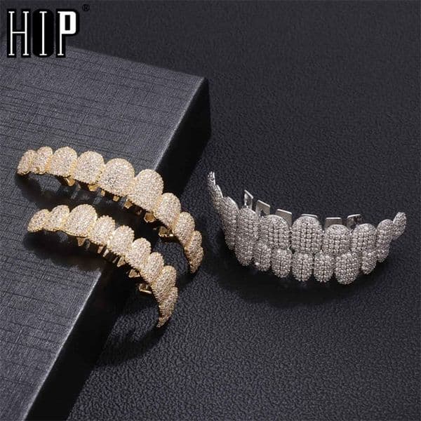 Dental Grills Hip Hop Full CZ Stones Long Teeth Caps Cubic Zircon Iced Out Micro Pave Top Bottom Charm For Men Women Jewelry