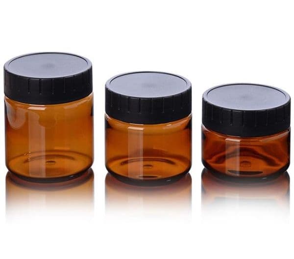 Quality Amber PET Plastic Jars Round Leak Proof Cosmetic Foods Containers Bottle with Black PP Lids & White Gasket 2oz 3.3oz 4oz