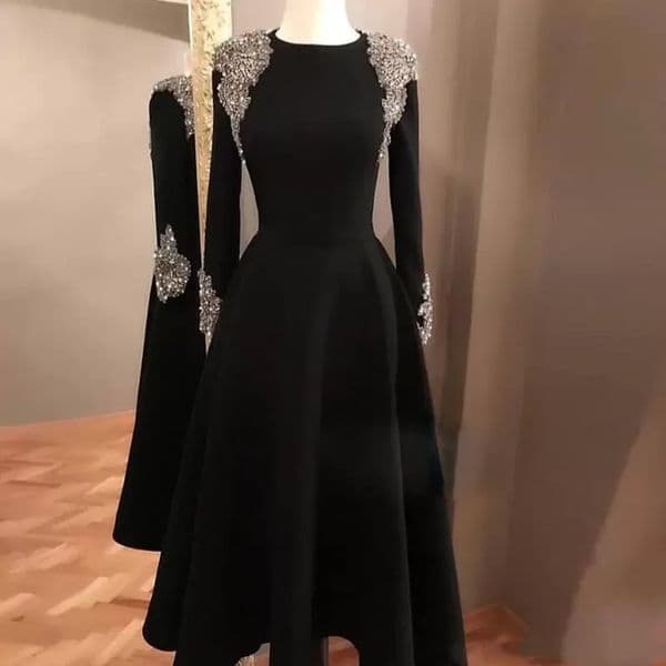 Elegant Black Prom Birthday Dress 2024 Jewel Neck Long Sleeve Crystal Beaded Rhinestone Evening Formal Gowns Celebrity Style Robe De Soiree
