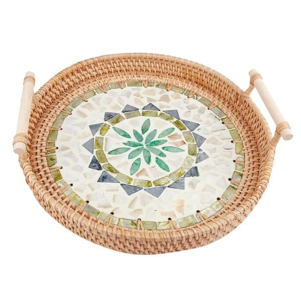 Wicker Rattan Tray, Storage Serving Tray, Mosaic / Mother of Pearl Tray with Wooden Handles
