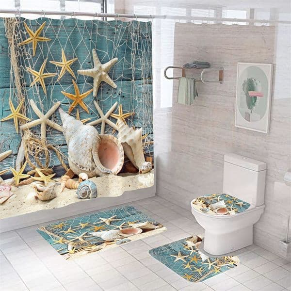Shower Curtains Starfish shower curtain seashell ocean beach printing shower curtain polyester waterproof shower screen girl boy gift with hook 230406
