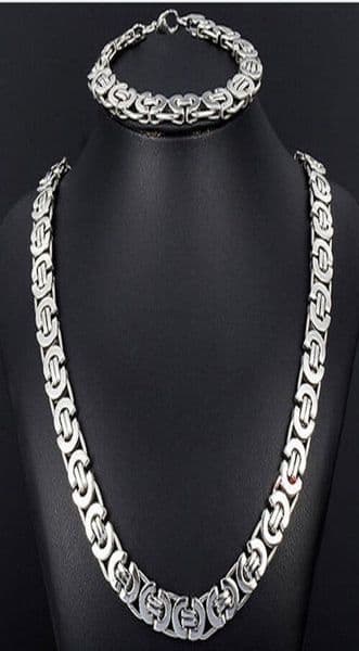 New Style Jewlery Set 8mm Silver Tone Flat byzantine chain necklace bracelet 316L Stainless Steel Bling for Fashion mens XMAS Gi