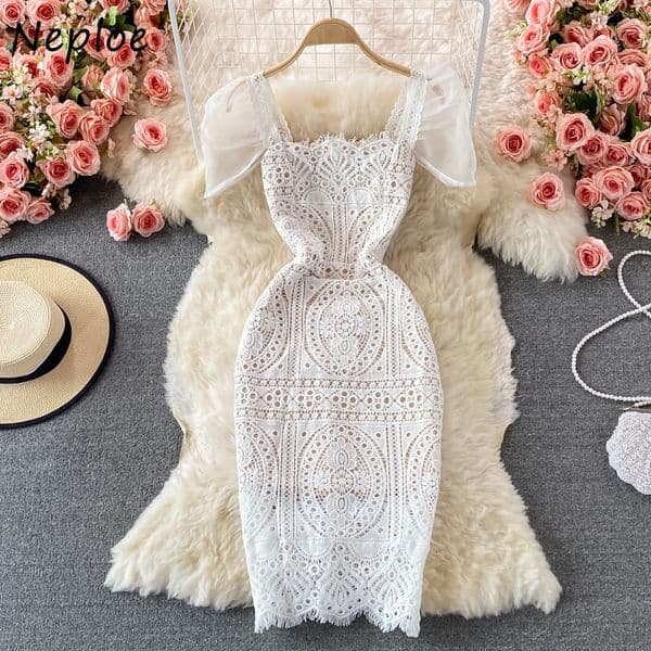 Casual Dresses Employee Square Neck Puff Sleeves Women's Dress Mild Lace Vestidos Women's High Thin Waist Solid Hollow Ceremony Robe 230407