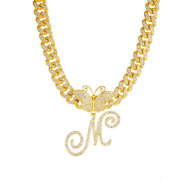 Designer Iced Out Butterfly Initial Letter Pendant Cuban Chain Hip Hop Necklace for Men Women
