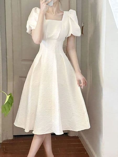 Casual Dresses Preppy Style Sweet Dress Women's Spring/Summer Korean Fashion Puff Sleeves Square Neckline A-line Solid Dress Vestidos De Mujer 230408