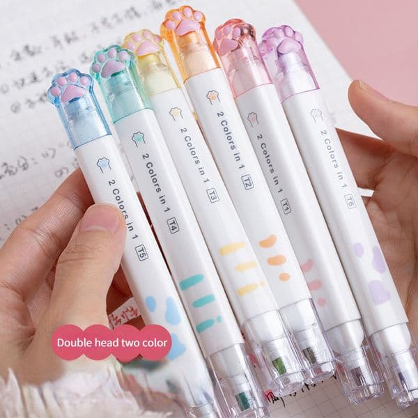 Markers 6 pieces of dual head and dual color cat claw highlight student DIY hand account Morandi color label art supplies 230408