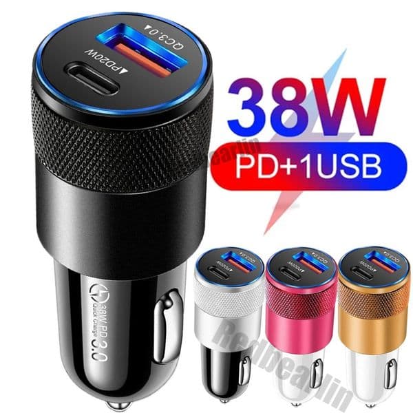 Alloy Metal Dual Ports USB C Car Charger 38W PD 20W Portable Power Adapters For Iphone 11 12 13 14 15 Pro Max Samsung Htc Android phone 12W Chargers